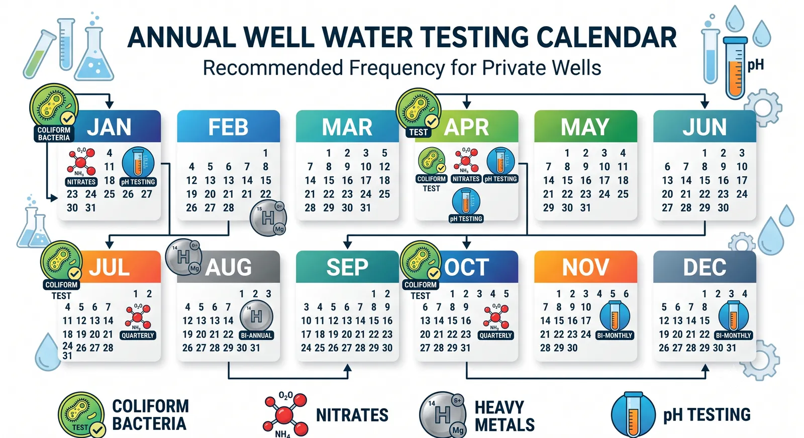 Annual well water testing calendar infographic showing recommended frequency for coliform bacteria, nitrates, heavy metals, and pH testing