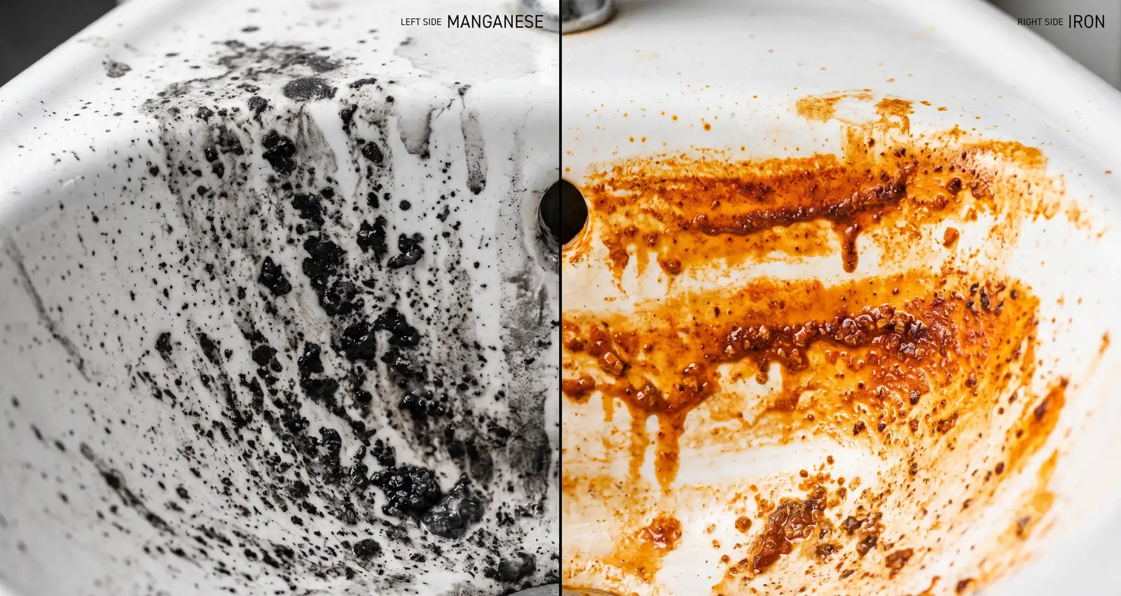 Side-by-side comparison of black manganese staining versus orange iron staining on identical bathroom fixtures