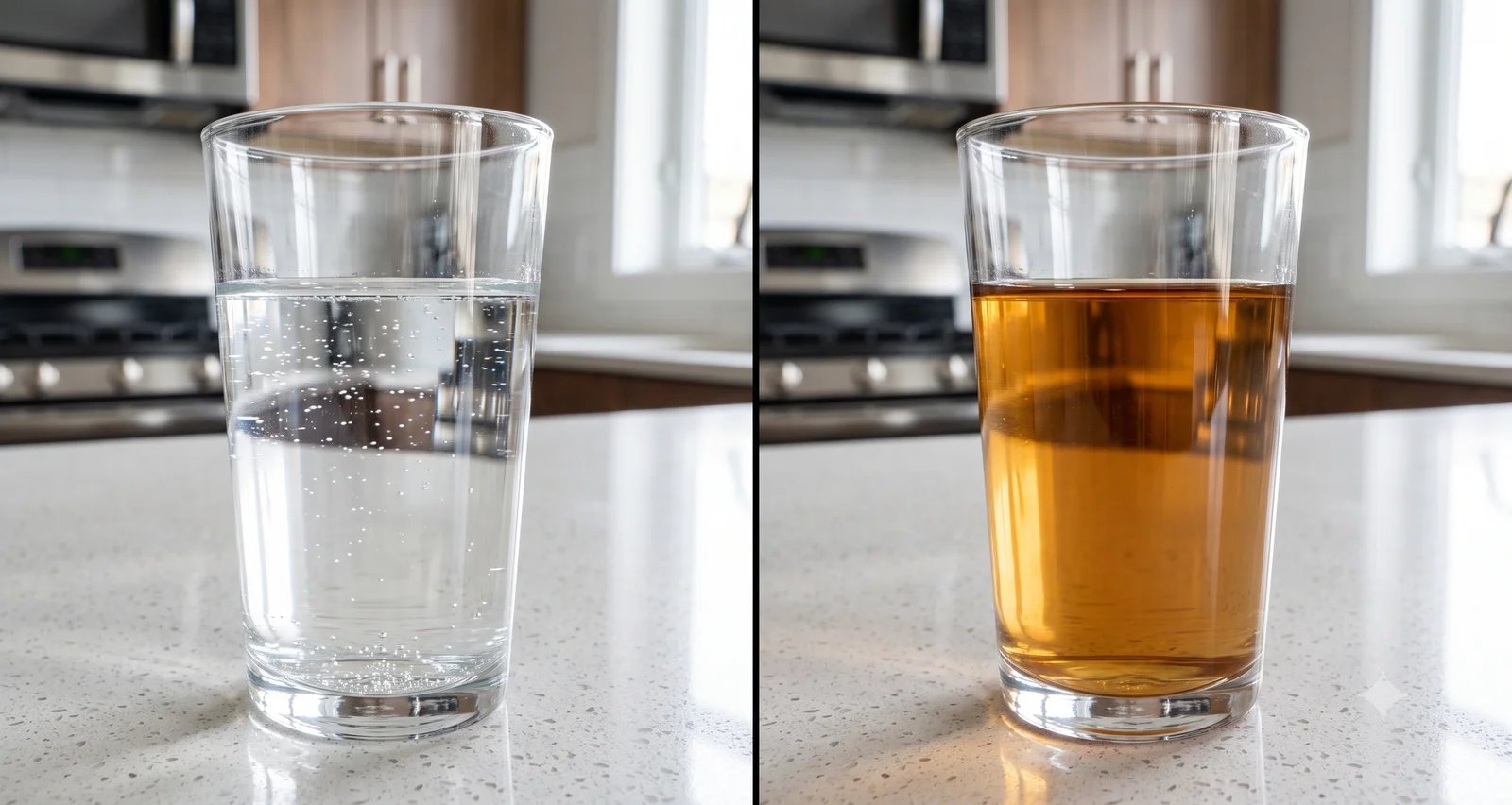 Side-by-side comparison of a glass of clean well water and a glass of tannin-stained tea-colored well water