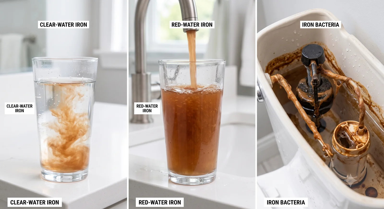 Comparison of clear-water iron, red-water iron, and iron bacteria in well water glasses and fixtures
