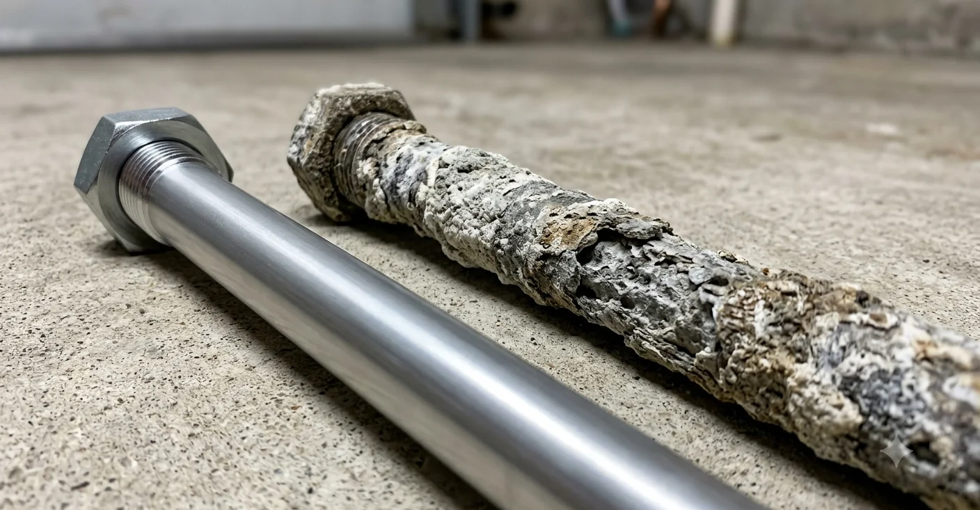 Comparison of a heavily corroded magnesium water heater anode rod next to a new replacement rod