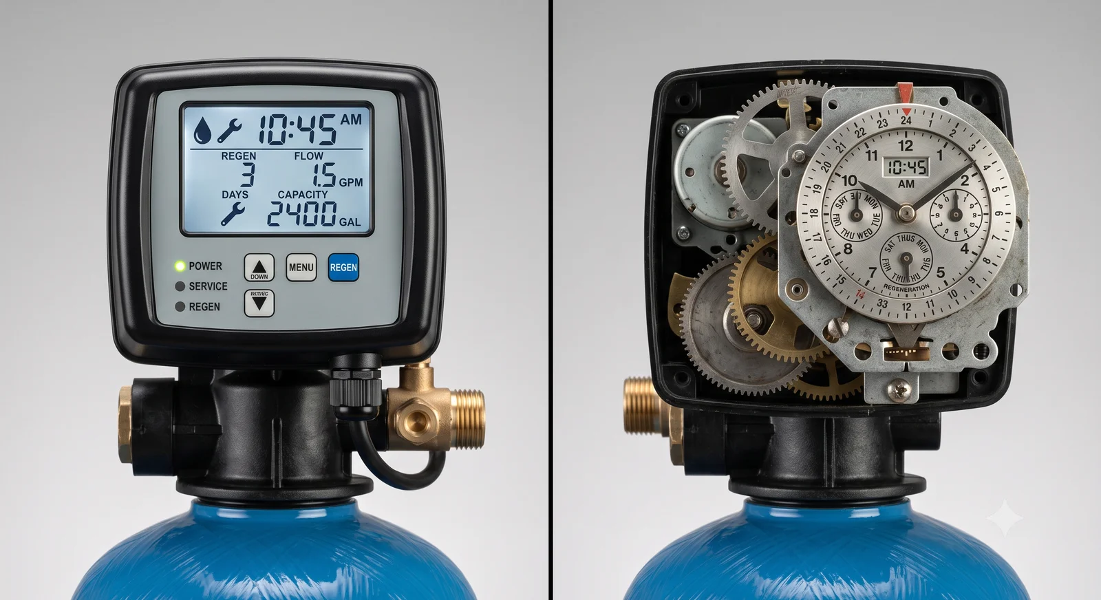 Comparison of a Fleck digital metered water softener valve display versus an older mechanical timer-based valve