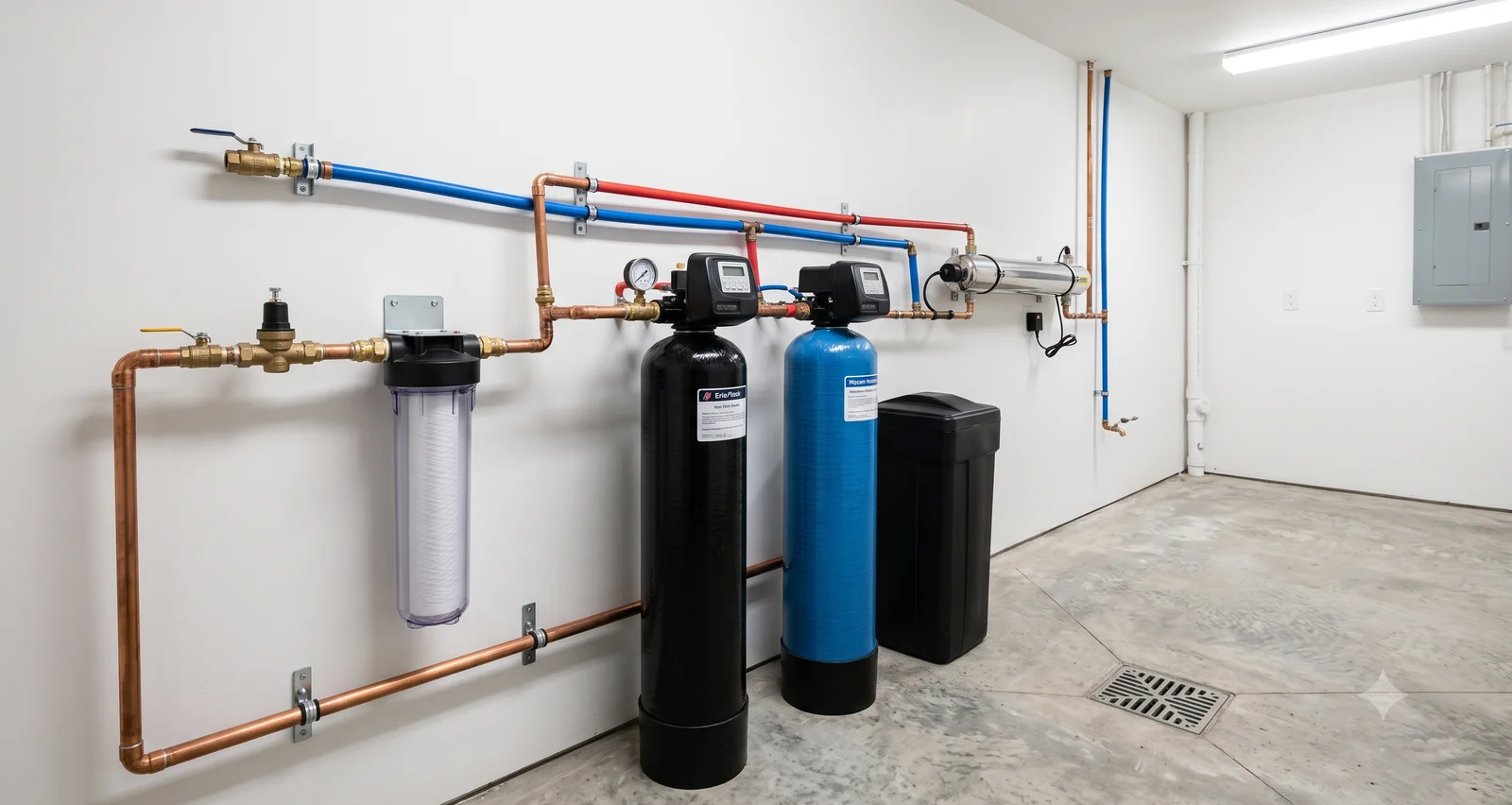 Multi-component well water treatment system installed in a basement, including sediment filter, iron filter, water softener, and UV disinfection unit