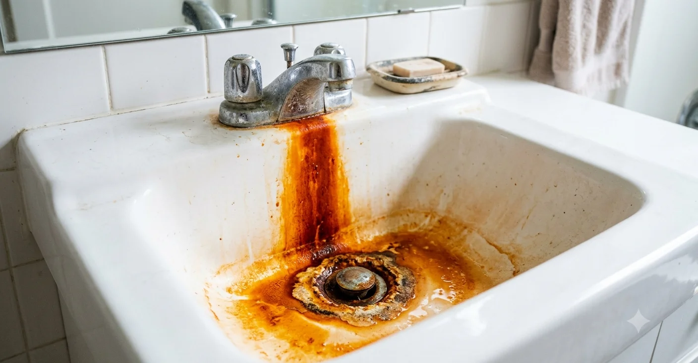 Orange iron staining from well water on a bathroom sink faucet and drain