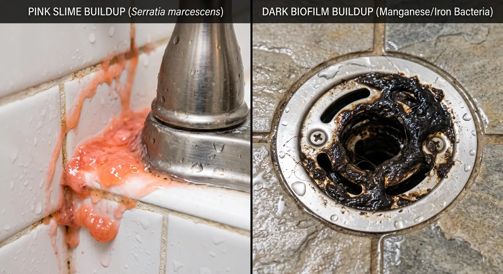 Comparison of pink Serratia marcescens slime versus black manganese and iron bacteria biofilm on bathroom fixtures