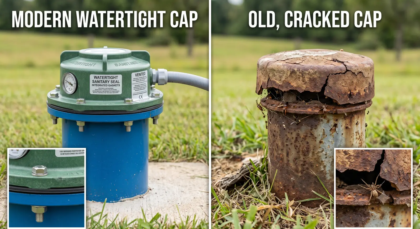 Comparison of a modern watertight well cap seal versus an old, cracked, and rusted well casing cap vulnerable to contamination