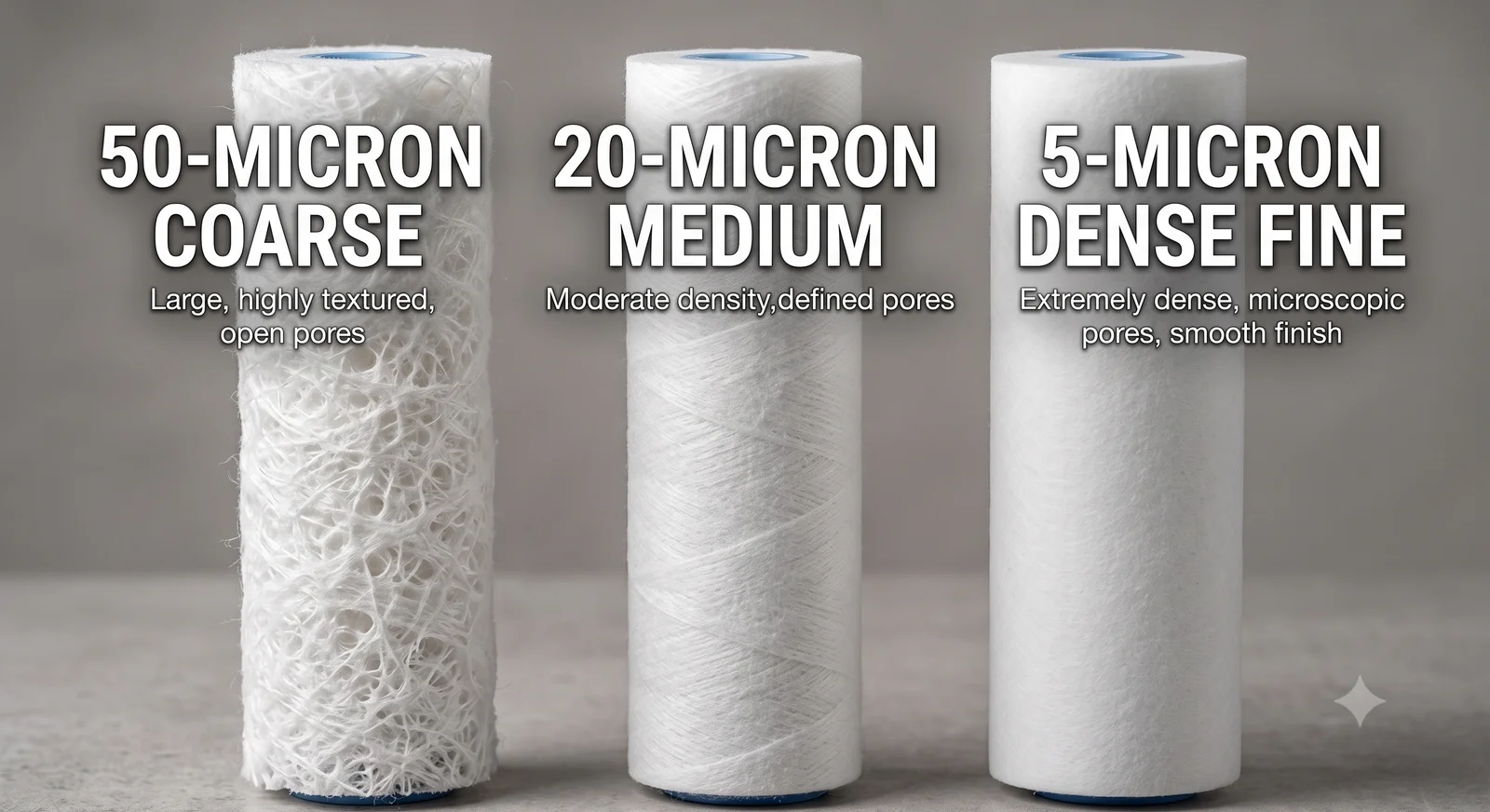 Comparison of sediment filter cartridges at 50 micron, 20 micron, and 5 micron ratings showing pore density differences