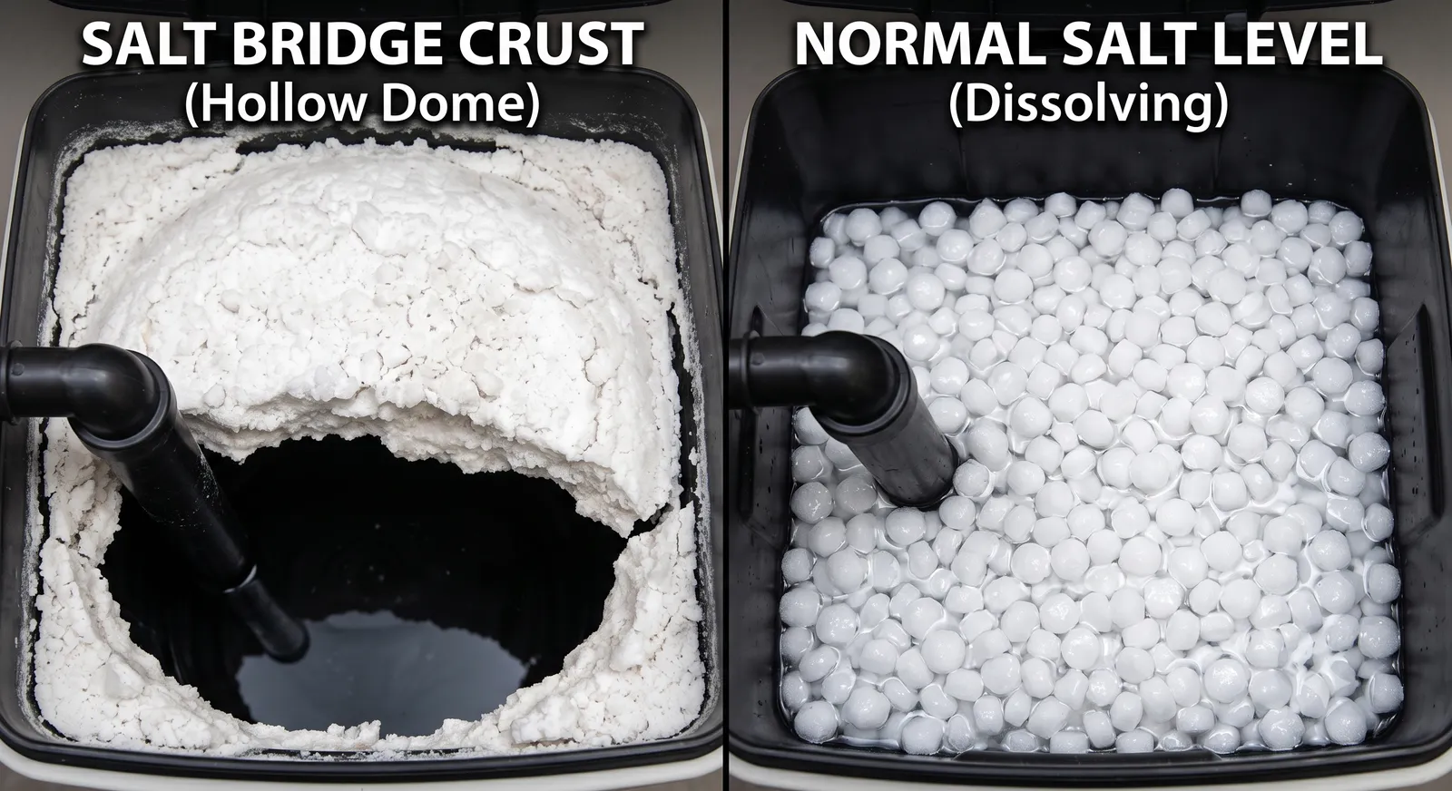 Water softener brine tank comparison showing a hardened salt bridge crust versus a normal, properly dissolving salt level
