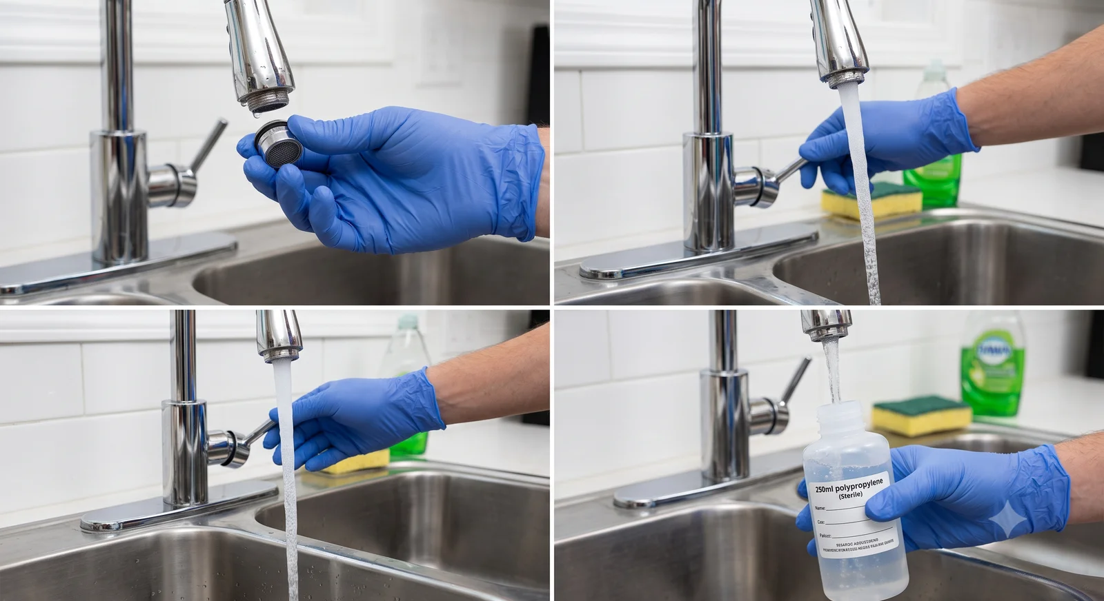 Step-by-step well water sample collection process using a sterile bottle and gloved hands at a kitchen faucet
