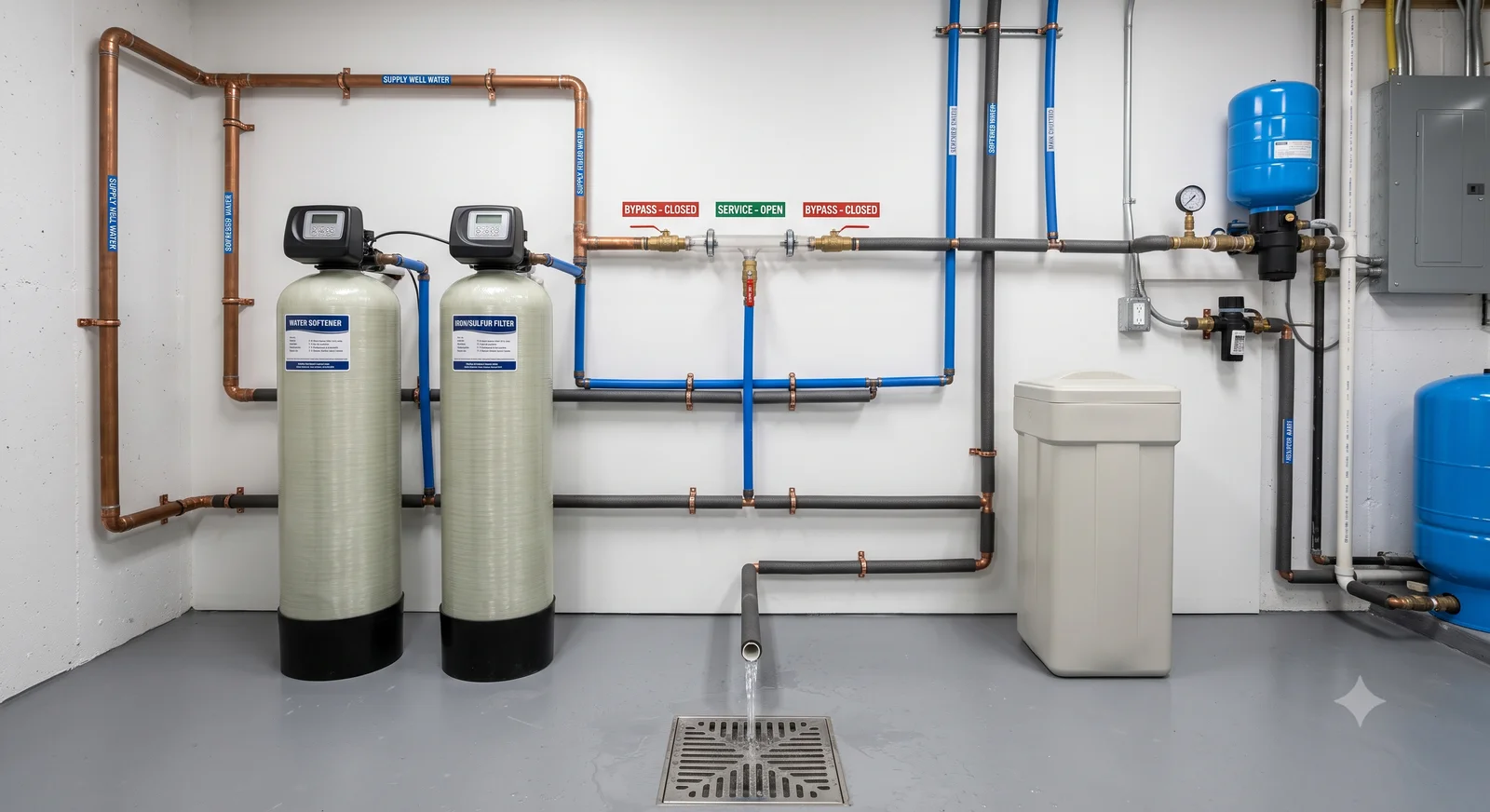 Whole-house well water filtration system installed in a basement, showing sediment filter, water softener, and UV disinfection unit connected to copper piping